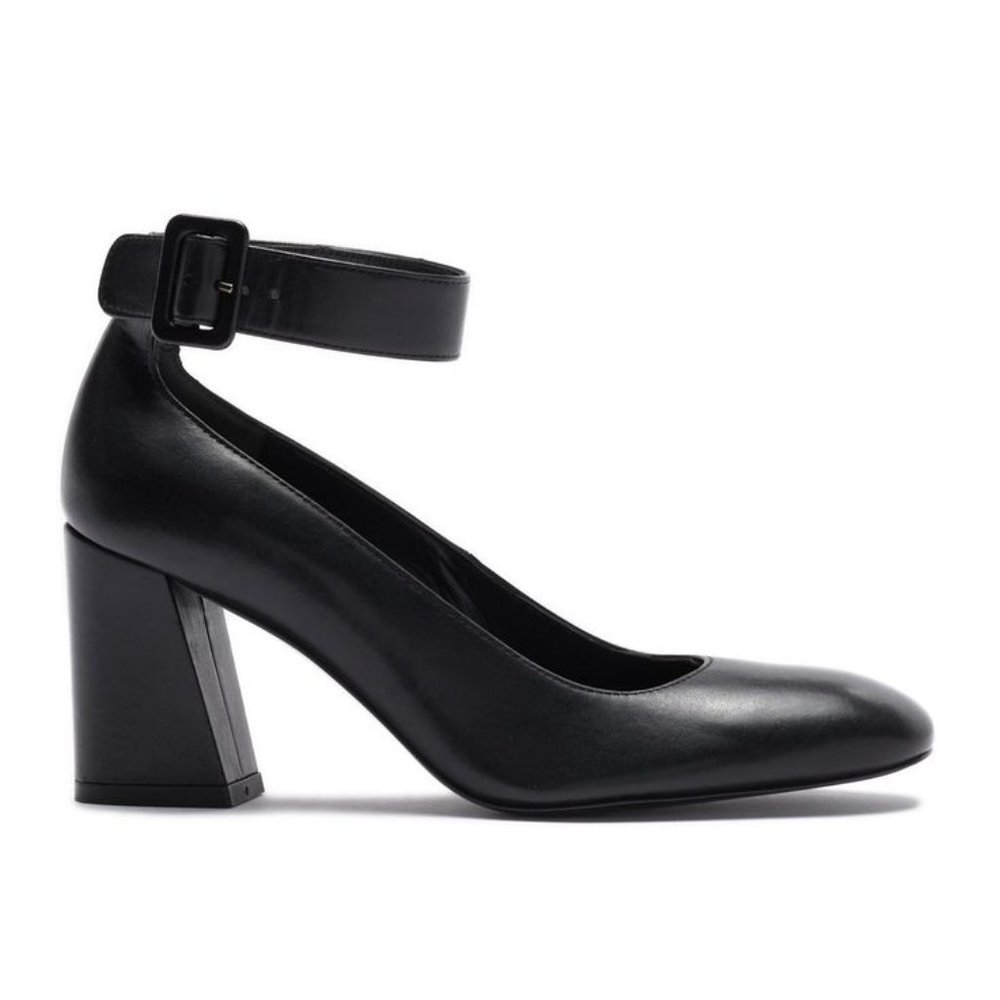 Stuart Weitzman Black Leather Ankle-Strap Block Heel Pumps